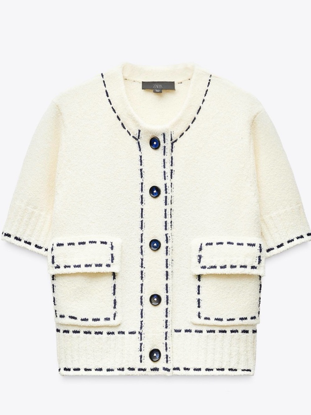 Zara Cream Short-Sleeve Cardigan with Navy Contrast Stitching